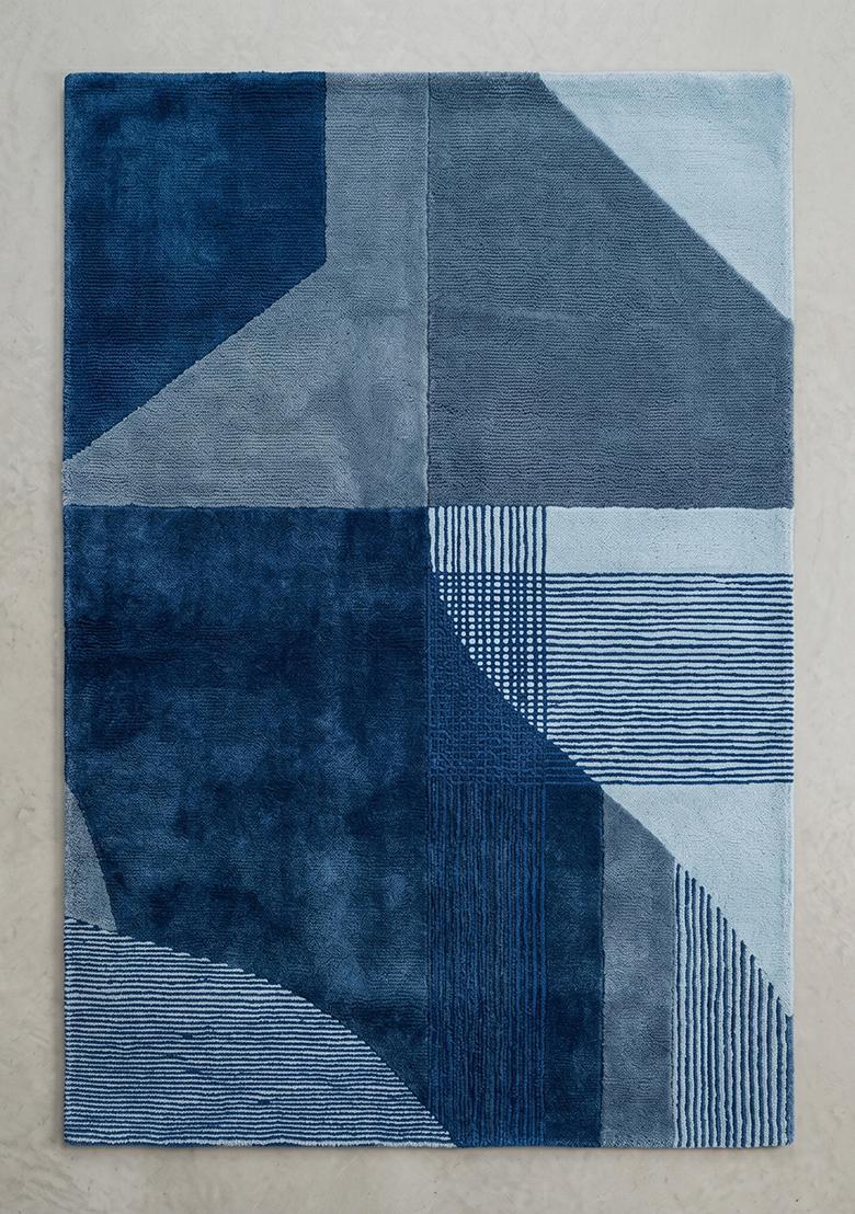Saffron Rugs Hand Tufted Indigo Blue Geometric Contemporary Rectangular Wool Area Rug - Indya
