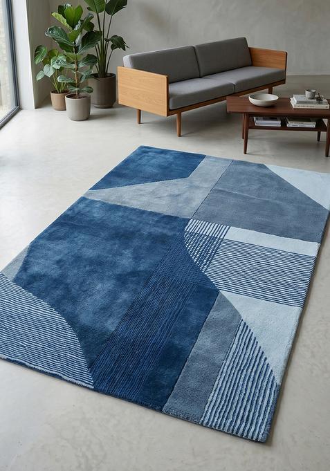 Saffron Rugs Hand Tufted Indigo Blue Geometric Contemporary Rectangular Wool Area Rug