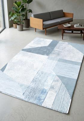 Saffron Rugs Hand Tufted Ice Blue Geometric Contemporary Rectangular Wool Area Rug