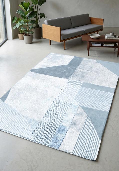Saffron Rugs Hand Tufted Ice Blue Geometric Contemporary Rectangular Wool Area Rug