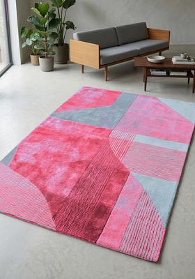 Saffron Rugs Hand Tufted Neon Pink Geometric Contemporary Rectangular Wool Area Rug