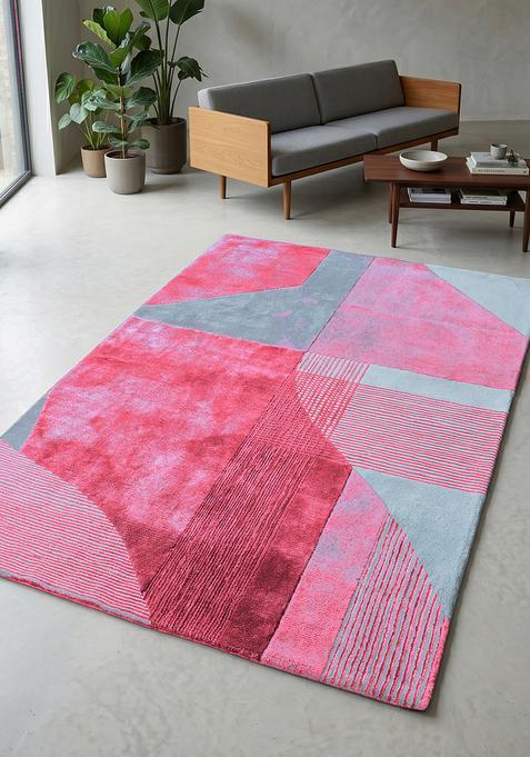 Saffron Rugs Hand Tufted Neon Pink Geometric Contemporary Rectangular Wool Area Rug