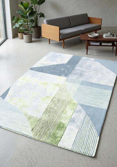 Saffron Rugs Hand Tufted Sage Green Geometric Contemporary Rectangular Wool Area Rug