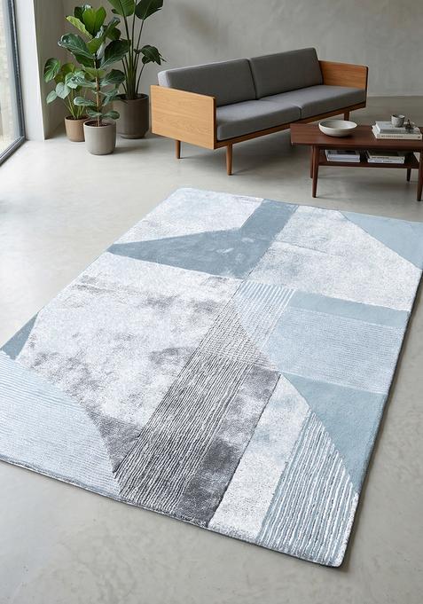 Saffron Rugs Hand Tufted Mist Blue Geometric Contemporary Rectangular Wool Area Rug
