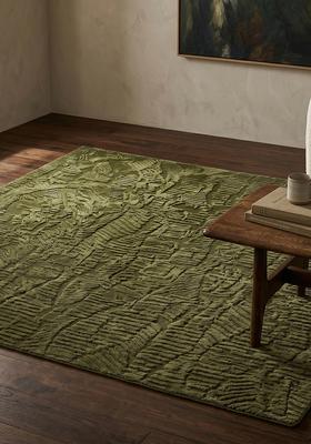 Saffron Rugs Hand Tufted Olive Green Leaf Contemporary Square Wool Area Rug