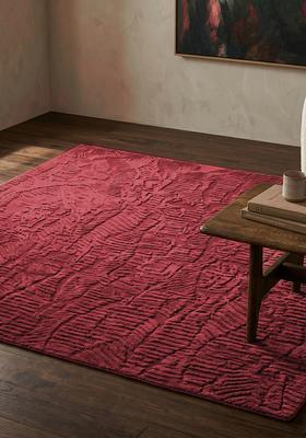 Saffron Rugs Hand Tufted Crimson Red Leaf Contemporary Square Wool Area Rug