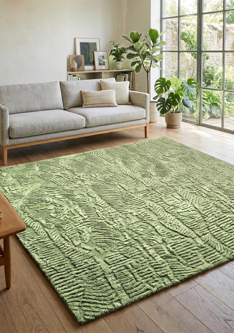 Saffron Rugs Hand Tufted Sage Green Leaf Contemporary Square Wool Area Rug - Indya