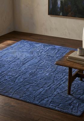 Saffron Rugs Hand Tufted Prussian Blue Leaf Contemporary Square Wool Area Rug