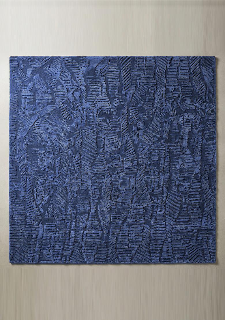 Saffron Rugs Hand Tufted Prussian Blue Leaf Contemporary Square Wool Area Rug - Indya