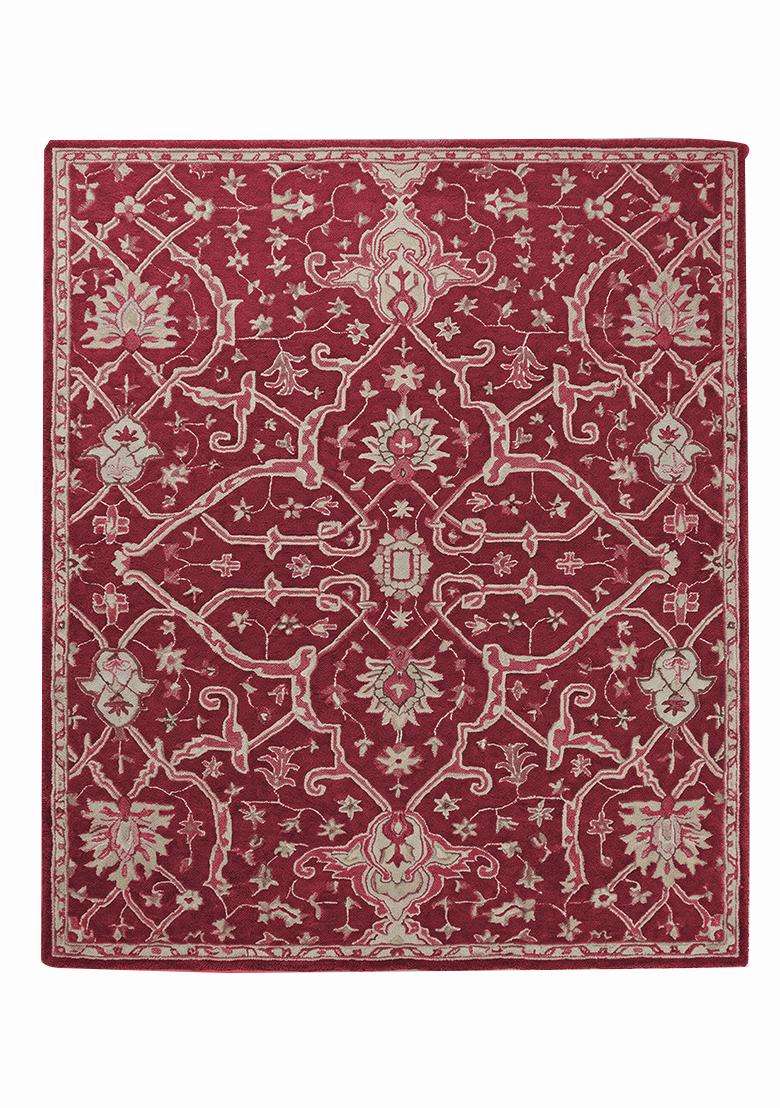 Saffron Rugs Hand Tufted Crimson Red Trellis Oriental Rectangular Wool Area Rug - Indya
