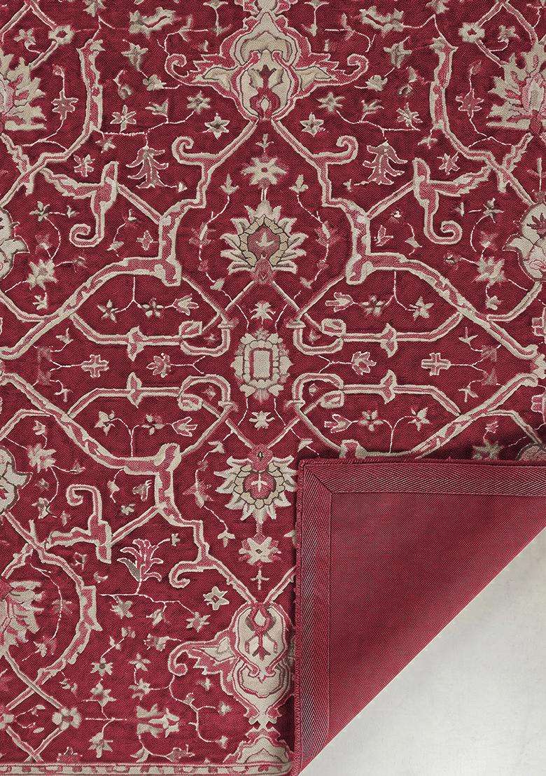 Saffron Rugs Hand Tufted Crimson Red Trellis Oriental Rectangular Wool Area Rug - Indya