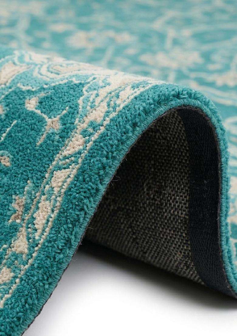 Saffron Rugs Hand Tufted Turquoise Teal. Trellis Oriental Rectangular Wool Area Rug - Indya