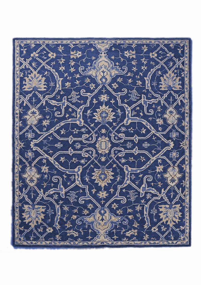Saffron Rugs Hand Tufted Royal Blue Trellis Oriental Rectangular Wool Area Rug - Indya