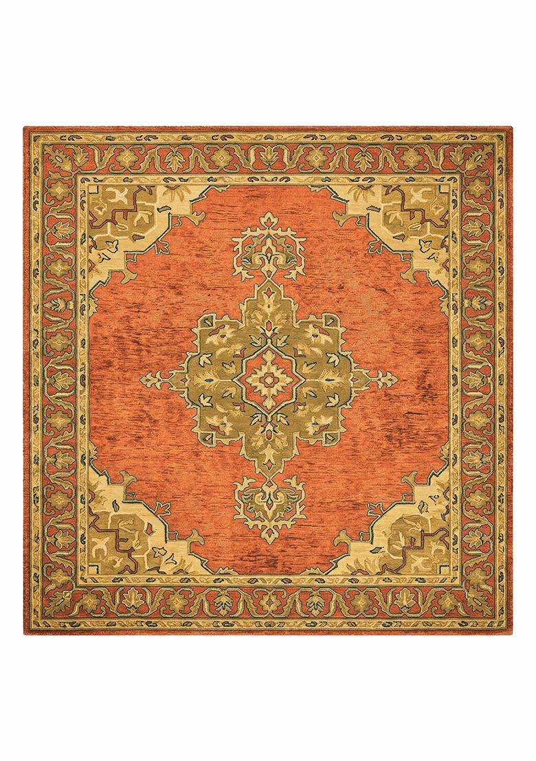 Saffron Rugs Hand Tufted Bright Orange Floral Oriental Square Wool Area Rug - Indya