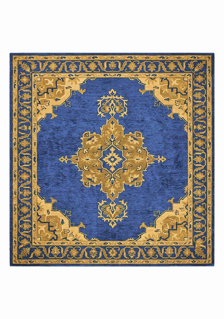 Saffron Rugs Hand Tufted Royal Blue Floral Oriental Square Wool Area Rug - Indya