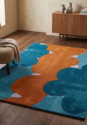 Saffron Rugs Tufted Teal Blue Swirls Contemporary Rectangular Wool Area Rug