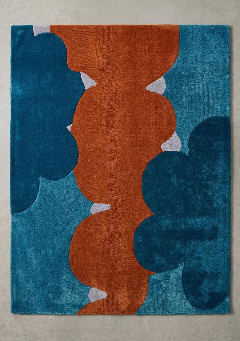 Saffron Rugs Tufted Teal Blue Swirls Contemporary Rectangular Wool Area Rug - Indya