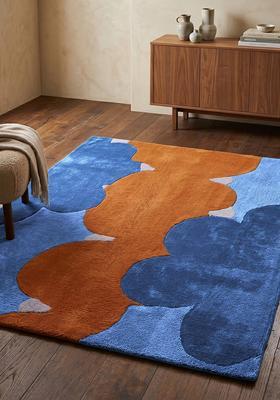 Saffron Rugs Tufted Prussian Blue Swirls Contemporary Rectangular Wool Area Rug