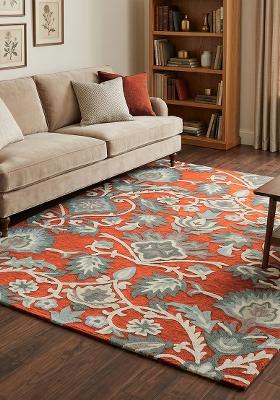 Saffron Rugs Hand Tufted Burnt Orange Floral Oriental Rectangle Wool Area Rug