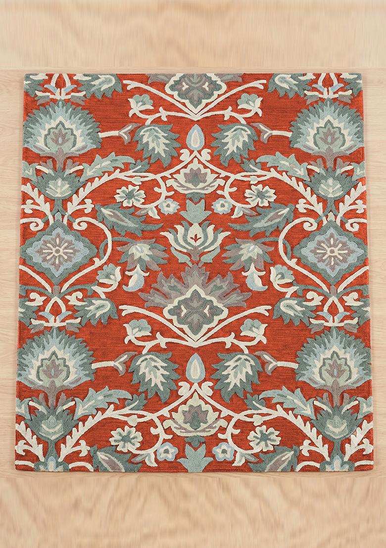 Saffron Rugs Hand Tufted Burnt Orange Floral Oriental Rectangle Wool Area Rug - Indya