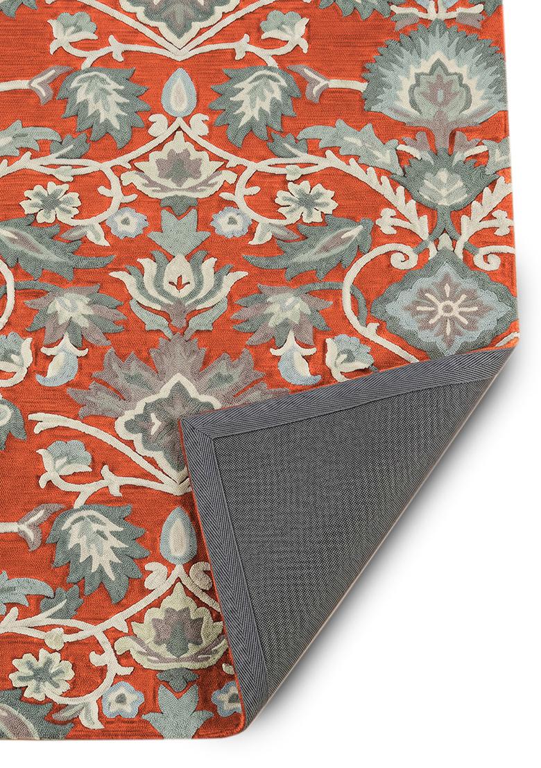 Saffron Rugs Hand Tufted Burnt Orange Floral Oriental Rectangle Wool Area Rug - Indya