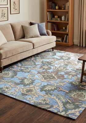Saffron Rugs Hand Tufted Soft Powder Blue Floral Oriental Rectangle Wool Area Rug