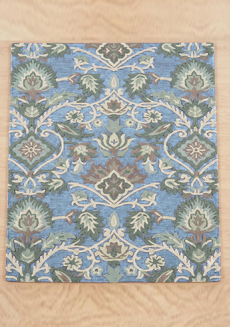 Saffron Rugs Hand Tufted Soft Powder Blue Floral Oriental Rectangle Wool Area Rug - Indya