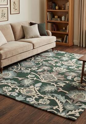 Saffron Rugs Hand Tufted Forest Green Floral Oriental Rectangle Wool Area Rug