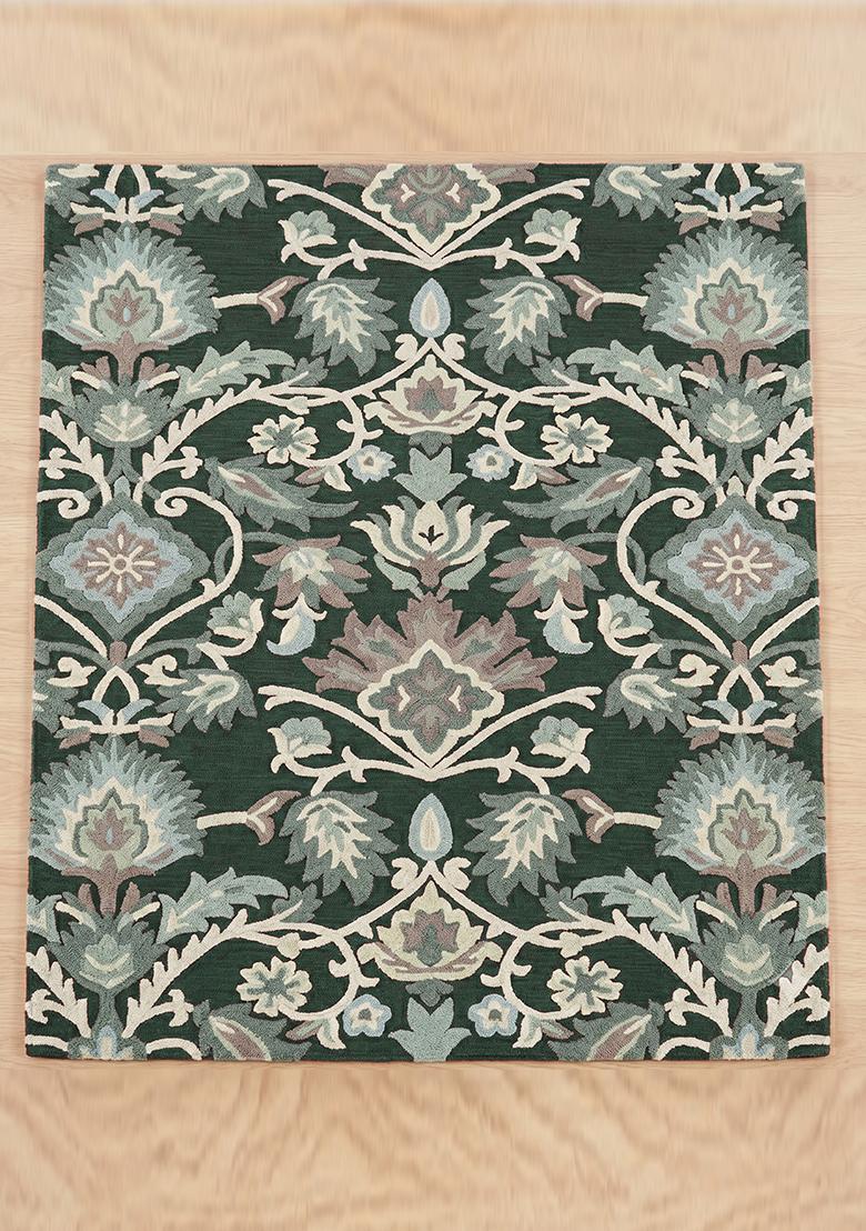 Saffron Rugs Hand Tufted Forest Green Floral Oriental Rectangle Wool Area Rug - Indya