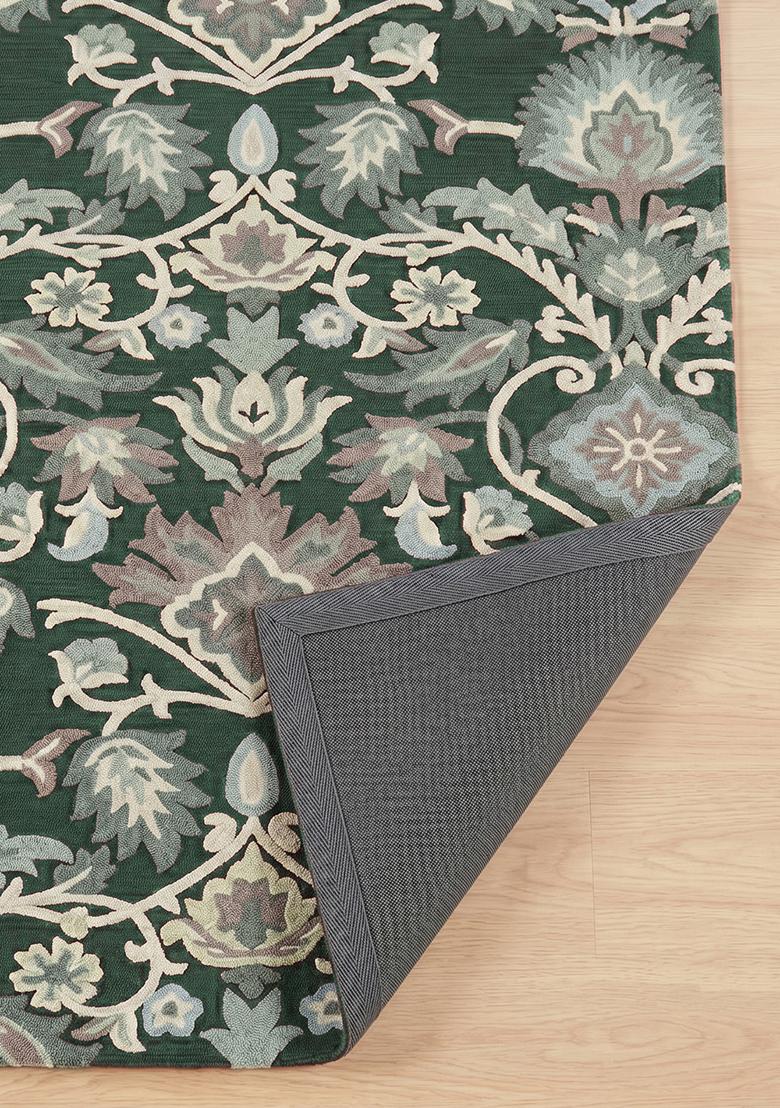 Saffron Rugs Hand Tufted Forest Green Floral Oriental Rectangle Wool Area Rug - Indya