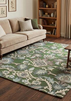Saffron Rugs Hand Tufted Olive Green Floral Oriental Rectangle Wool Area Rug