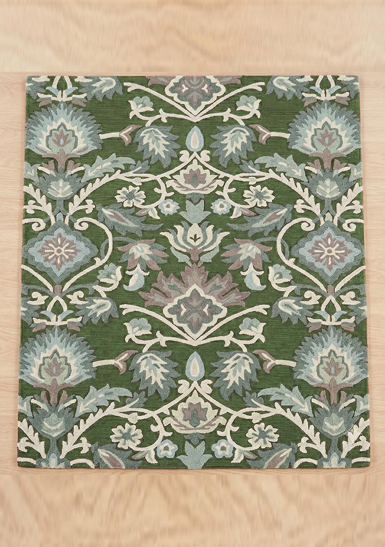 Saffron Rugs Hand Tufted Olive Green Floral Oriental Rectangle Wool Area Rug - Indya