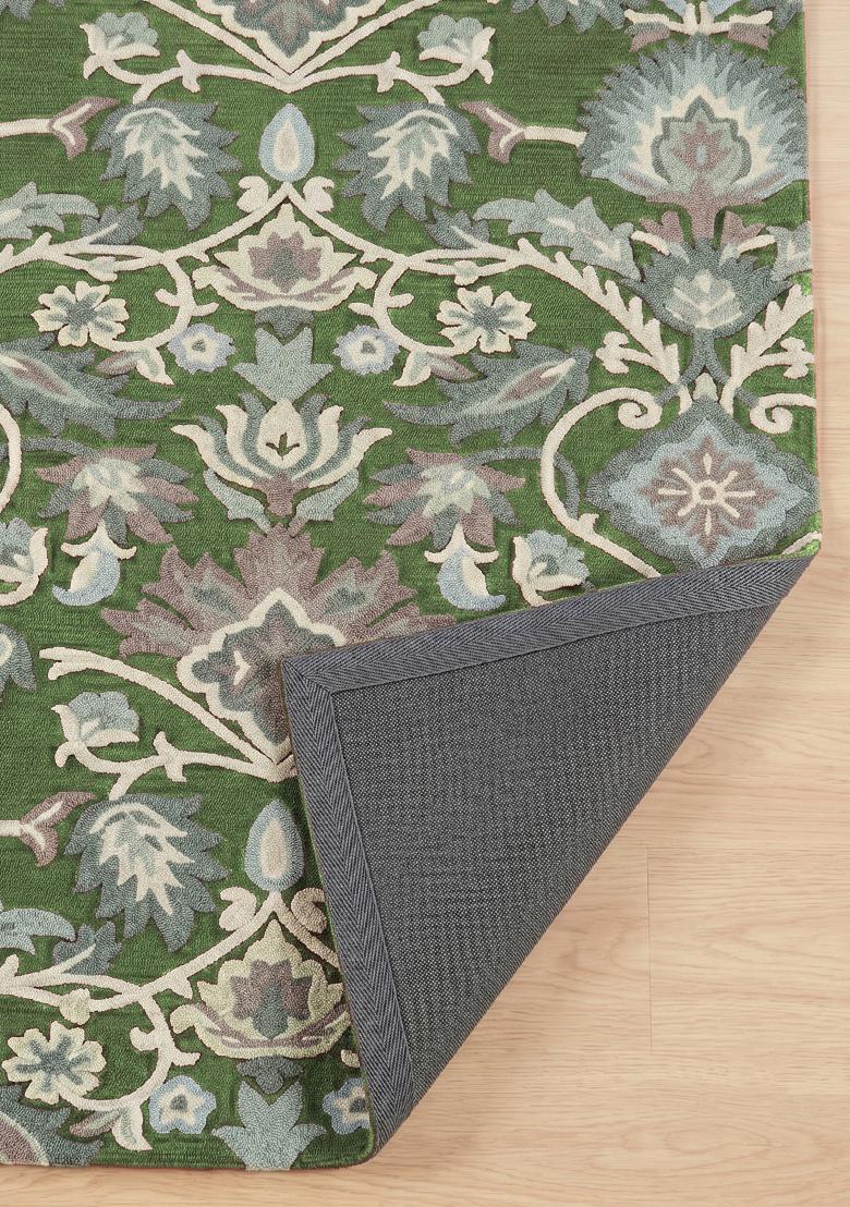 Saffron Rugs Hand Tufted Olive Green Floral Oriental Rectangle Wool Area Rug - Indya