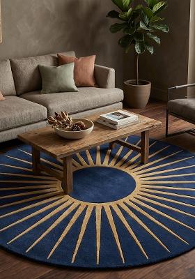 Saffron Rugs Tufted Midnight Blue Geometric Contemporary Round Wool Area Rug
