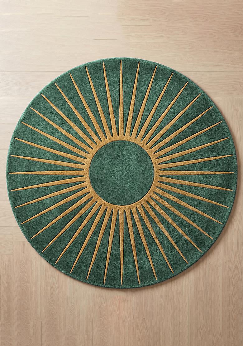 Saffron Rugs Tufted Emerald Green Geometric Contemporary Round Wool Area Rug - Indya