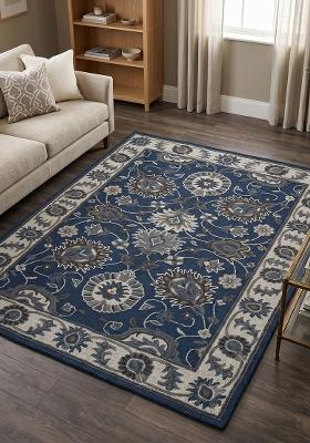 Saffron Rugs Hand Tufted Prussian Blue Floral Oriental Rectangle Wool Area Rug