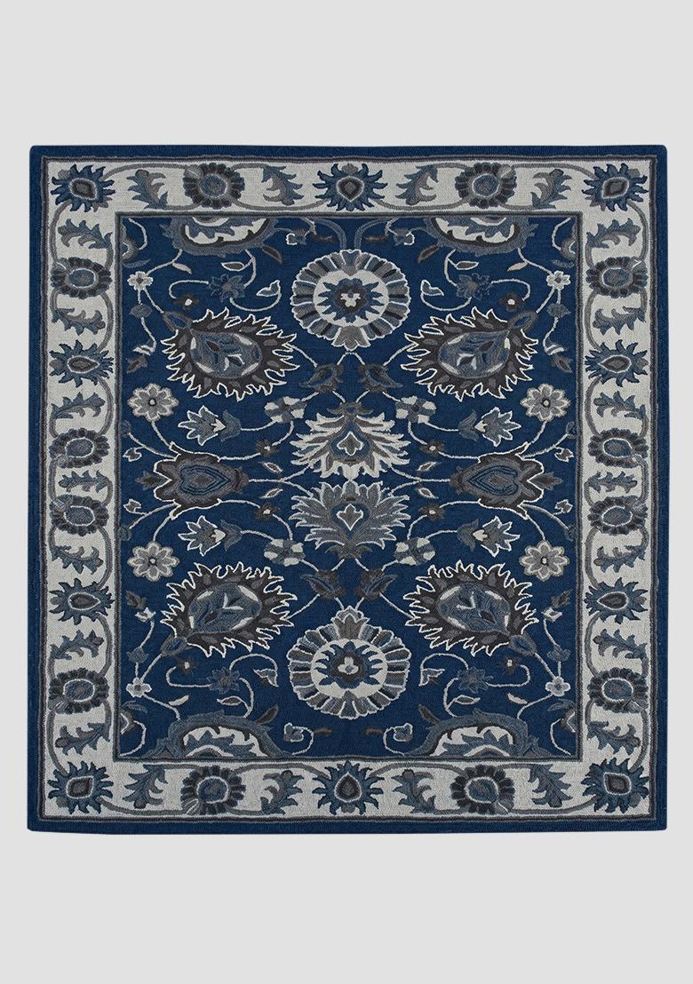 Saffron Rugs Hand Tufted Prussian Blue Floral Oriental Rectangle Wool Area Rug - Indya