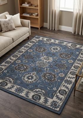 Saffron Rugs Hand Tufted Steel Blue Floral Oriental Rectangle Wool Area Rug