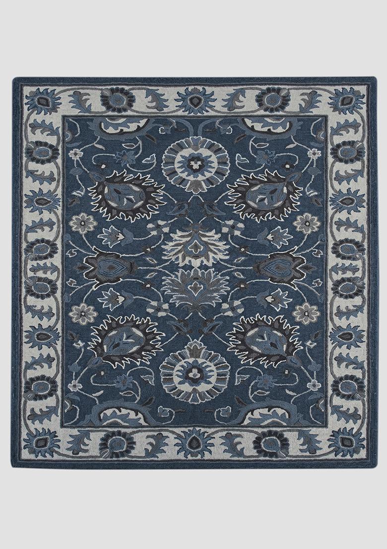 Saffron Rugs Hand Tufted Steel Blue Floral Oriental Rectangle Wool Area Rug - Indya