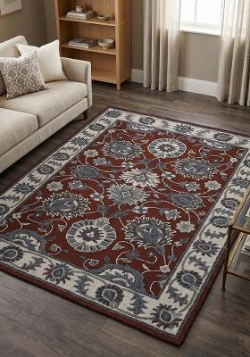 Saffron Rugs Hand Tufted Maroon Floral Oriental Rectangle Wool Area Rug