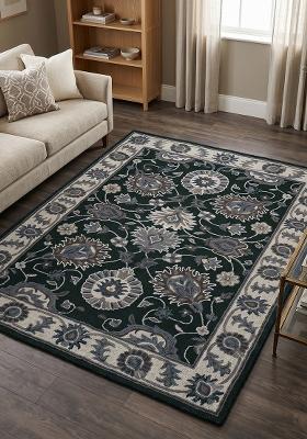 Saffron Rugs Hand Tufted Black Floral Oriental Rectangle Wool Area Rug