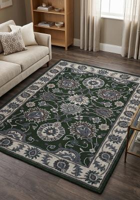 Saffron Rugs Hand Tufted Forest Green Floral Oriental Rectangle Wool Area Rug