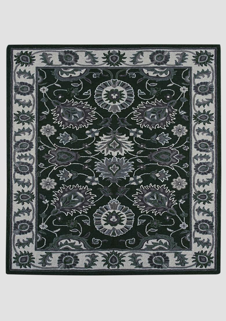 Saffron Rugs Hand Tufted Forest Green Floral Oriental Rectangle Wool Area Rug - Indya