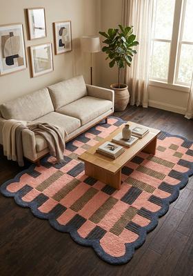 Saffron Rugs Hand Tufted Peach Checkered Modern Rectangle Wool Area Rug