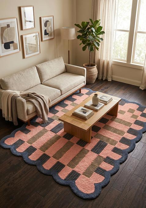 Saffron Rugs Hand Tufted Peach Checkered Modern Rectangle Wool Area Rug