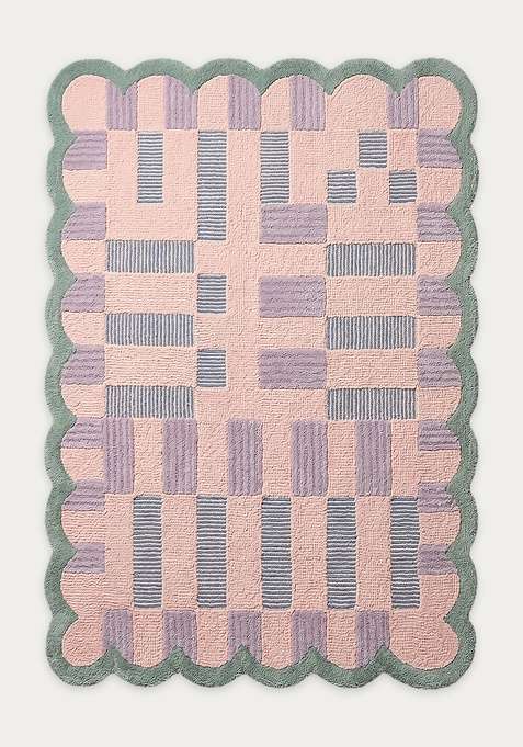 100% Wool Handmade Pink Rug | Modern Checkered Rectangle Carpet With Cotton Backing For Living Room