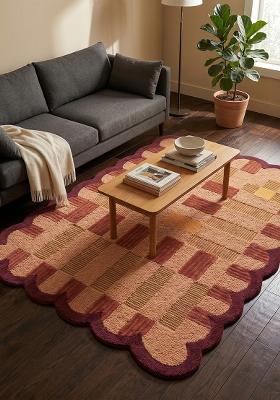 Saffron Rugs Hand Tufted Burnt Burgundy Checkered Modern Rectangle Wool Area Rug