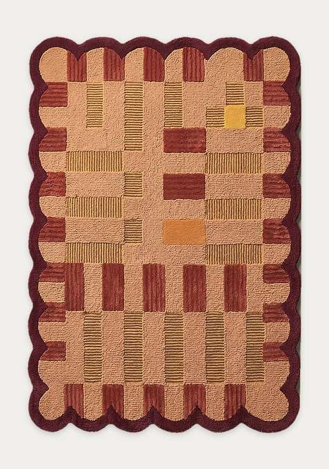 100% Wool Handmade Burnt Burgundy Rug | Modern Checkered Rectangle Carpet With Cotton Backing For Living Room