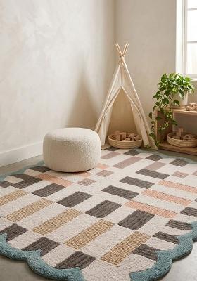 Saffron Rugs Hand Tufted Beige Checkered Modern Rectangle Wool Area Rug