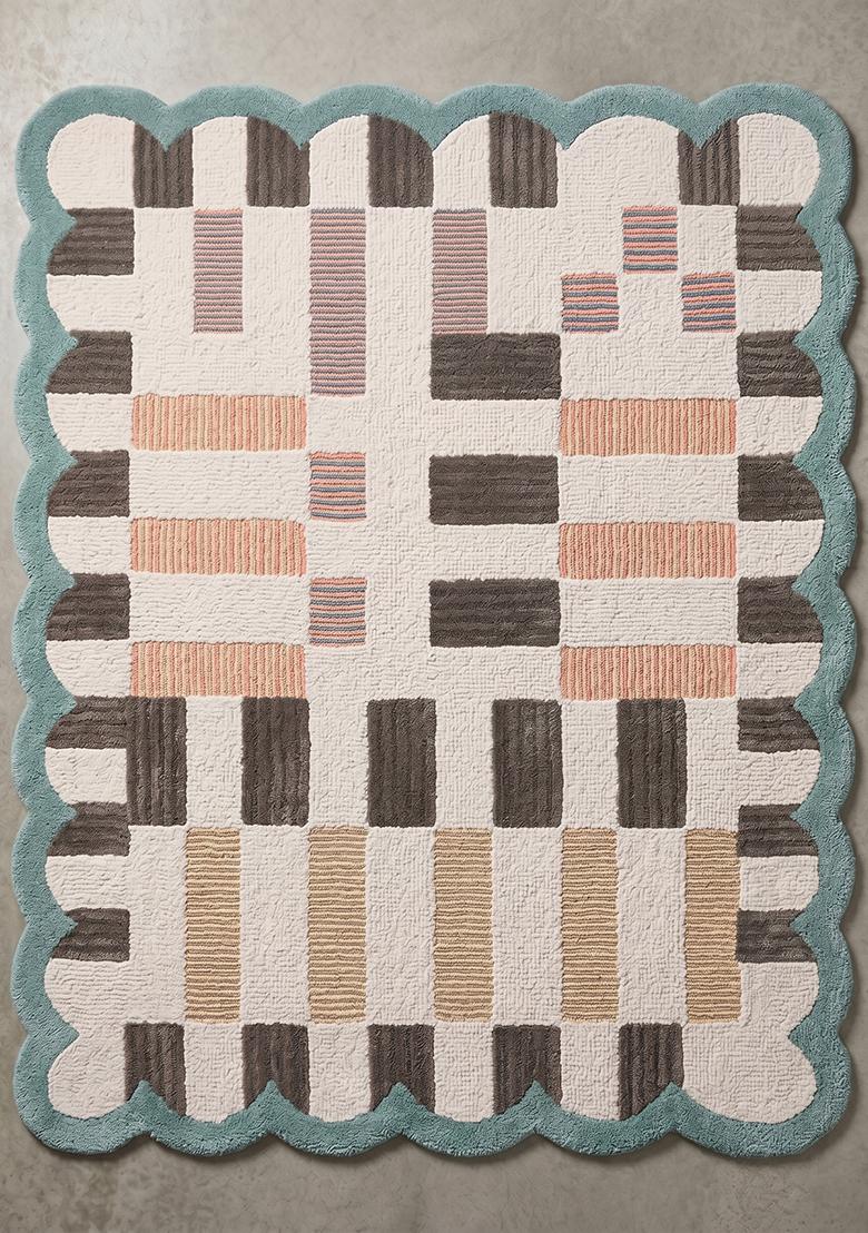 Saffron Rugs Hand Tufted Beige Checkered Modern Rectangle Wool Area Rug - Indya